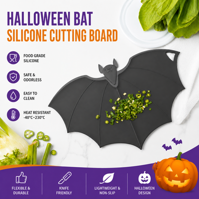 Halloween Bat-Shaped Silicone Cutting Board: Flexible, Heat-Resistant, and Perfect for Spooky Kitchen Prep and Festive Serving (Black)