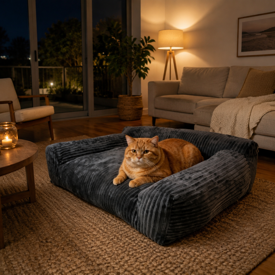 Plush Corduroy Pet Sofa Bed with Removable Heating Pad, Orthopedic Foam Support & Machine-Washable Cover – The Ultimate Cozy Retreat for Cats and Small Dogs (Black)
