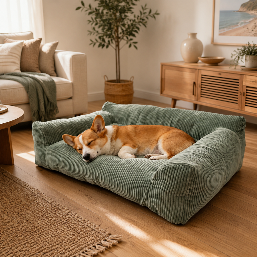 Plush Corduroy Pet Sofa Bed with Removable Heating Pad, Orthopedic Foam Support & Machine-Washable Cover – The Ultimate Cozy Retreat for Cats and Small Dogs (Green)