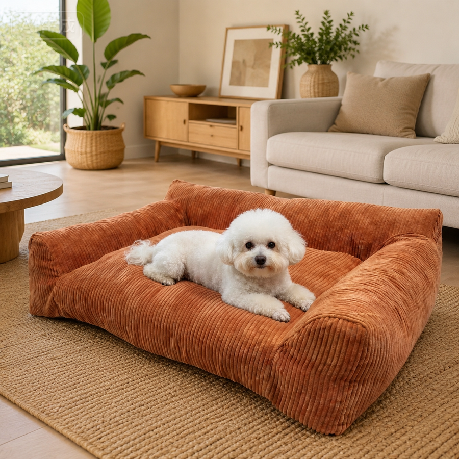 Plush Corduroy Pet Sofa Bed with Removable Heating Pad, Orthopedic Foam Support & Machine-Washable Cover – The Ultimate Cozy Retreat for Cats and Small Dogs (Orange)