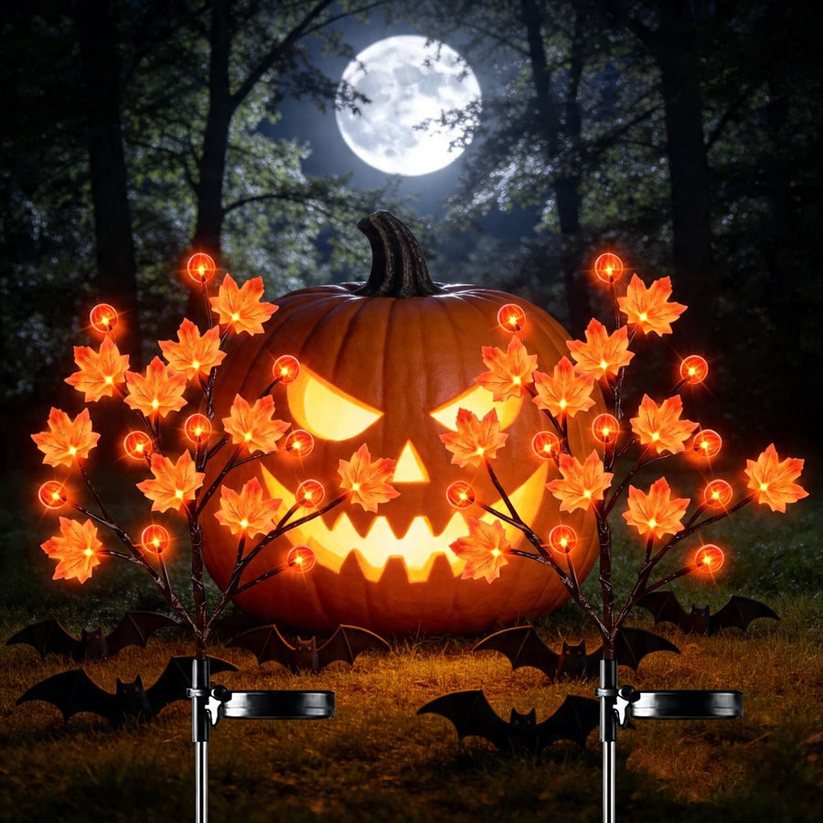 Solar Maple Leaf Branch Lights with 20 Warm LEDs, 8 Lighting Modes & IP65 Waterproof, Auto On/Off Garden Pathway Decor for Fall Harvest and Halloween Ambiance (3PCS, Pumpkin-Small  Maple)