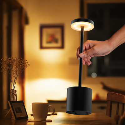 Rechargeable Cordless Touch Control LED Desk Lamp with Anodized Aluminum Build, Dimmable Warm Light, and Long Battery Life for Home, Café, Bar, and Outdoor Use (Black)