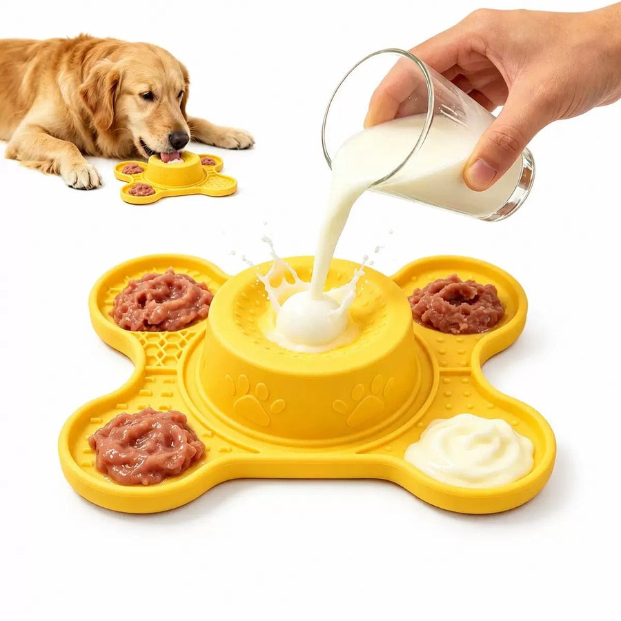 3-in-1 Silicone Lick Mat with Rolling Treat Ball – Slow Feeder, Anxiety Relief, and Engaging Puzzle for Dogs and Cats, Perfect for Peanut Butter, Yogurt, Wet Food, and Freezer Treats (Yellow)