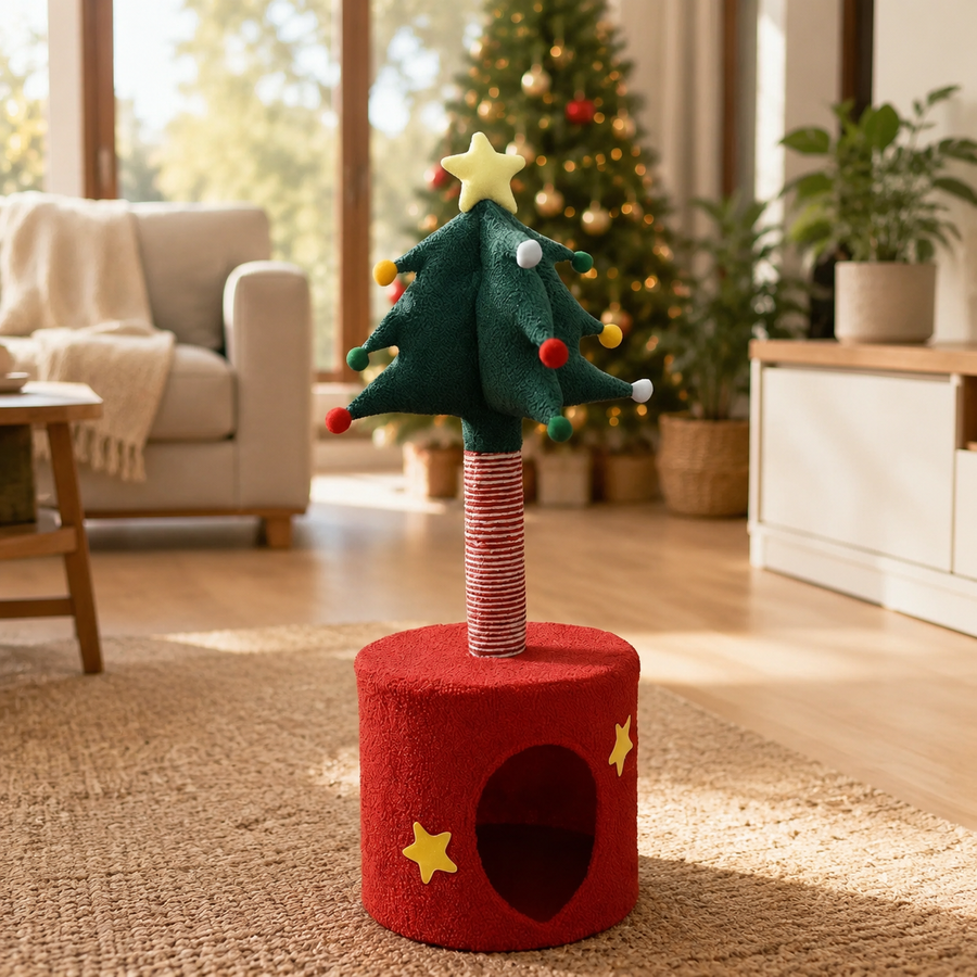 Festive Christmas Tree Cat Scratcher and Cozy Hideaway Condo – All-in-One Cat Furniture with Plush Cave, Durable Sisal Scratching Post, and Hanging Pom-Pom Toys for Indoor Felines (35*35*85cm)