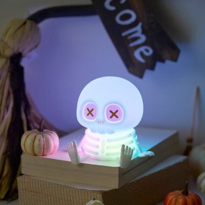 Adorable Mini Skull Night Light, Cute Halloween Decor with Squishy Silicone Body, Tap-Controlled RGB Color Changing & Warm Light, USB Rechargeable Bedside Lamp for Spooky Season Gifts (RGB Light)