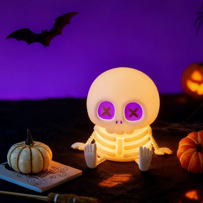 Adorable Mini Skull Night Light, Cute Halloween Decor with Squishy Silicone Body, Tap-Controlled RGB Color Changing & Warm Light, USB Rechargeable Bedside Lamp for Spooky Season Gifts (Warm Light)