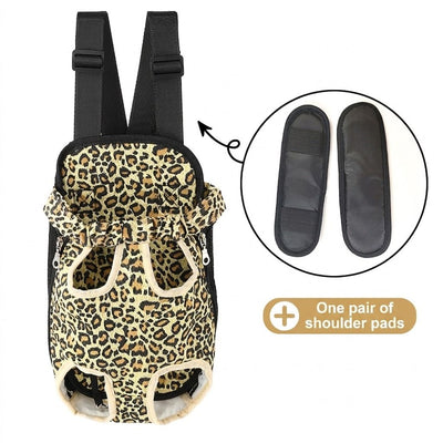 Portable Pet Front Chest Backpack for Small Dogs and Cats – Hands-Free Travel Carrier with Adjustable Straps, Breathable Mesh, and Padded Shoulder Pads for Comfortable Outdoor Adventures (L, Leopardprint)