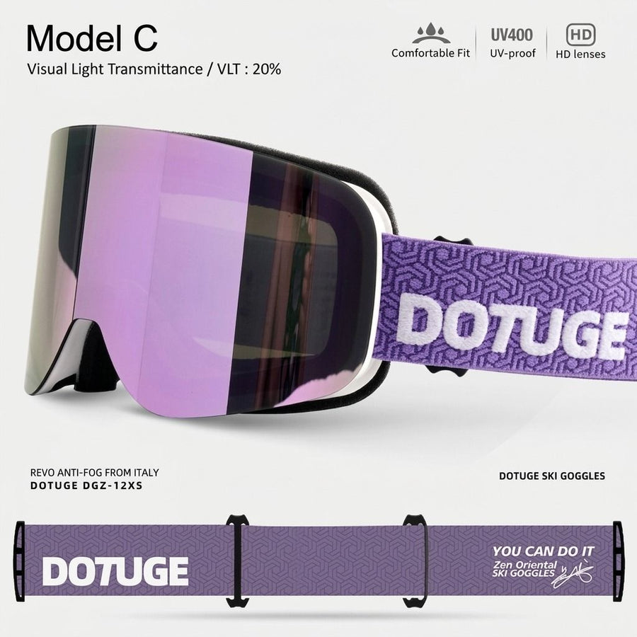 DOTUGE DGZ-12XS Ski Goggles with Italian REVO Coated Dual-Layer Anti-Fog Lens, UV400 Protection, Large Cylindrical Wide View, Compatible with Prescription Glasses, for Skiing and Snow Sports (C)