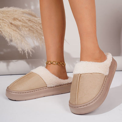 Cozy Faux Suede and Plush Fur Slippers for Women and Men, Thick Anti-Slip Sole for Indoor and Outdoor Wear, Warm House Shoes for Cold Seasons, Simple Lace Trim Style (XL(42-43), Beige)
