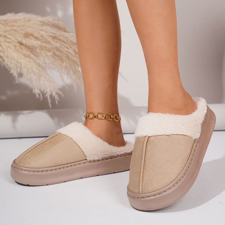Cozy Faux Suede and Plush Fur Slippers for Women and Men, Thick Anti-Slip Sole for Indoor and Outdoor Wear, Warm House Shoes for Cold Seasons, Simple Lace Trim Style (XL(42-43), Beige)