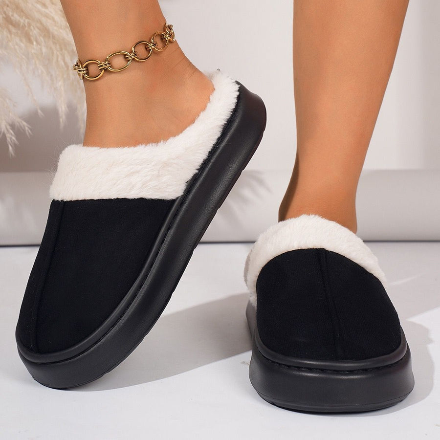 Cozy Faux Suede and Plush Fur Slippers for Women and Men, Thick Anti-Slip Sole for Indoor and Outdoor Wear, Warm House Shoes for Cold Seasons, Simple Lace Trim Style (XL(42-43), Black)