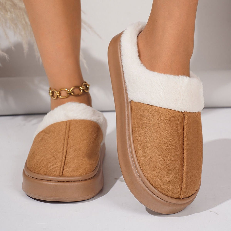 Cozy Faux Suede and Plush Fur Slippers for Women and Men, Thick Anti-Slip Sole for Indoor and Outdoor Wear, Warm House Shoes for Cold Seasons, Simple Lace Trim Style (XL(42-43), Brown)