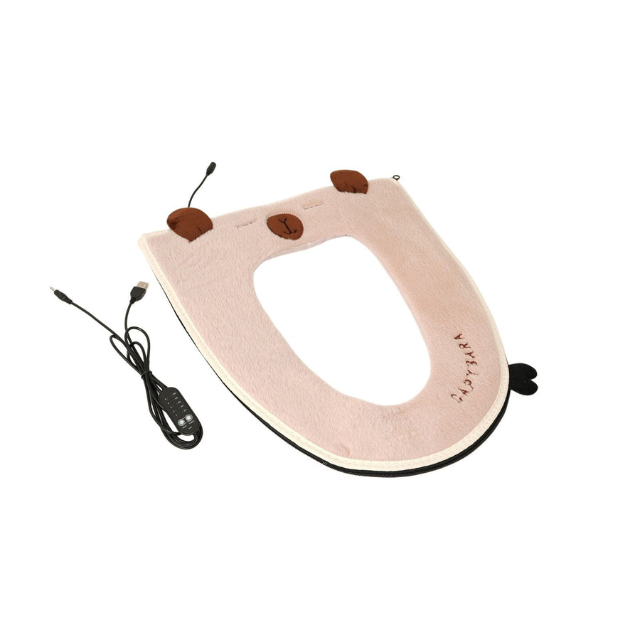 USB Heated Toilet Seat Cover with Capybara Design – Soft Plush, Washable, Fast Heating, 5-Level Temperature & Timer Control for Cozy Winter Bathroom Use (Pink)