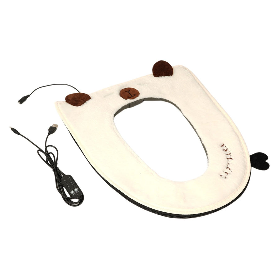 USB Heated Toilet Seat Cover with Capybara Design – Soft Plush, Washable, Fast Heating, 5-Level Temperature & Timer Control for Cozy Winter Bathroom Use (White)