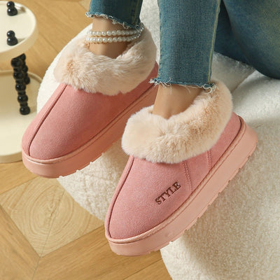 Cozy Winter House Slippers with Thick Sole, Faux Suede and Plush Lining, Non-Slip Indoor-Outdoor Wear, Solid Color Lace-Trimmed Simple Style for Warmth and Comfort (L(40-41), Pink)