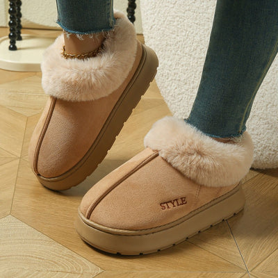 Cozy Winter House Slippers with Thick Sole, Faux Suede and Plush Lining, Non-Slip Indoor-Outdoor Wear, Solid Color Lace-Trimmed Simple Style for Warmth and Comfort (S(36-37), Brown)