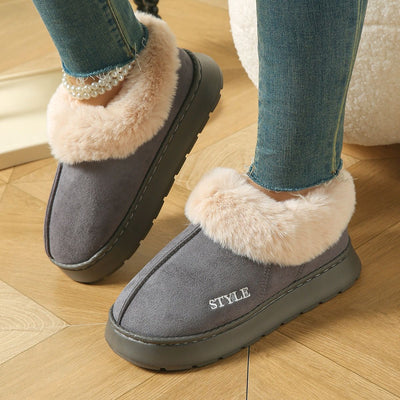Cozy Winter House Slippers with Thick Sole, Faux Suede and Plush Lining, Non-Slip Indoor-Outdoor Wear, Solid Color Lace-Trimmed Simple Style for Warmth and Comfort (S(36-37), Grey)