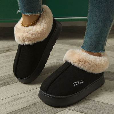 Cozy Winter House Slippers with Thick Sole, Faux Suede and Plush Lining, Non-Slip Indoor-Outdoor Wear, Solid Color Lace-Trimmed Simple Style for Warmth and Comfort (XXL(44-45), Black)