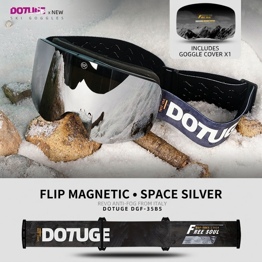 DOTUGE Magnetic Flip-Up Ski Goggles with Dual Frame Design, Anti-Fog HD Lens, Impact-Resistant TPU Frame, and Adjustable Strap for Winter Snow Sports (SpaceSilver)