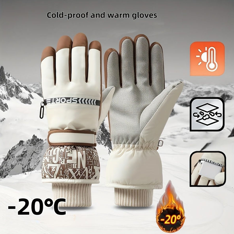 Winter Snow Ski Gloves with Touchscreen Compatibility, Windproof and Waterproof, Thick Fleece Lining, Adjustable Wrist Strap, Ideal for Outdoor Sports and Daily Cold Weather Use (Beige)