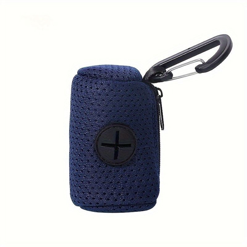 Portable Poop Bag Holder Dispenser for Dog Walking – Mesh Roll Bag Storage Case with Carabiner Clip, Easy One-Hand Pull for Outdoor Pet Waste Cleanup (Navy)