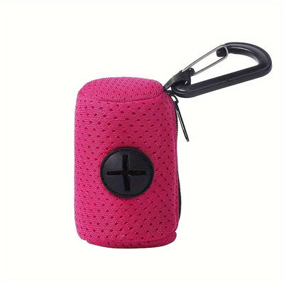 Portable Poop Bag Holder Dispenser for Dog Walking – Mesh Roll Bag Storage Case with Carabiner Clip, Easy One-Hand Pull for Outdoor Pet Waste Cleanup (Red)