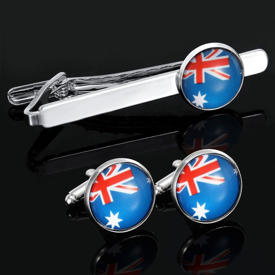 Elevate formal style with this sleek tie clip and cufflink set, showcasing vibrant flag-inspired circular enamel inlays on polished silver-toned metal, perfect for business meetings, celebratory events, and adding a distinguished touch to dress shirts and