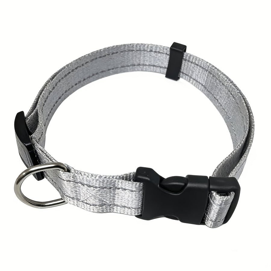 Reflective Dog Collar with Adjustable Nylon Webbing – Safe & Visible Pet Gear for Walks, Outdoor Adventures, and Nighttime Visibility (XS, Grey)