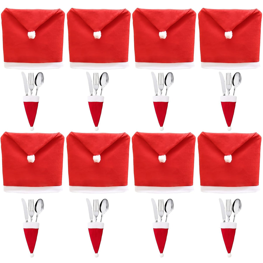 Christmas Decoration 16-Piece Set: Festive Chair Covers and Mini Santa Hat Utensil Sleeves for Holiday Dinner Parties, Table Decor, and Wine Bottle Accents (Red)