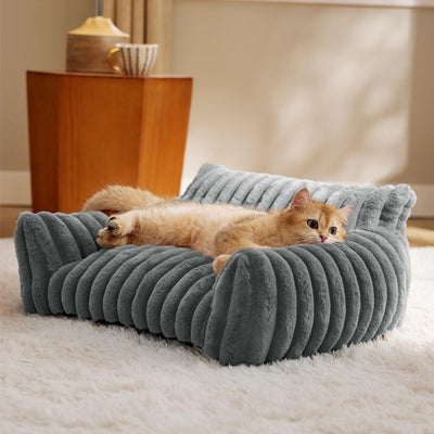 Luxurious Faux Rabbit Fur Plush Pet Sofa Bed with Bolster Sides, Removable Washable Cover and Deep Cushion for Cats and Small Dogs Seeking Ultimate Napping Comfort (XXS（40*30*16cm）, Grey)