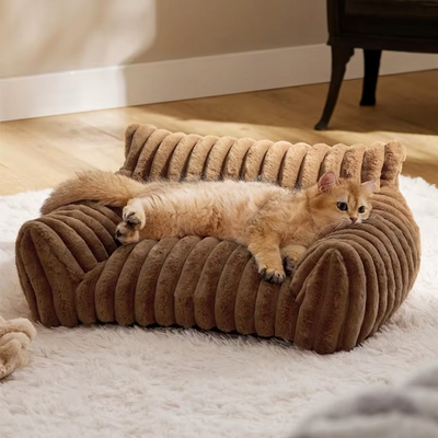 Luxurious Faux Rabbit Fur Plush Pet Sofa Bed with Bolster Sides, Removable Washable Cover and Deep Cushion for Cats and Small Dogs Seeking Ultimate Napping Comfort (L（90*65*20cm）, Brown)