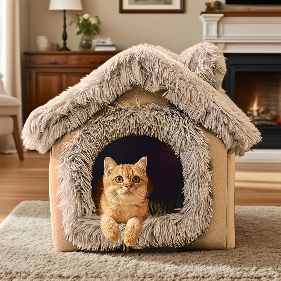 Plush Pet House with Detachable Cushion – Cozy, Warm, and Stylish Indoor Cat or Small Dog Bed – Soft Faux Fur Hideaway with Doorway – Perfect for Year-Round Comfort and Relaxation (L, Brown)