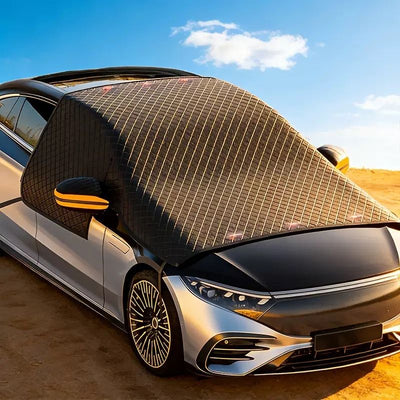 All-Season Car Front Cover Shield for Sedans – Windproof, Snowproof & Sunproof Protection with Magnetic Fixation, Full Coverage for Windshield, Side Windows, and Hood, Ideal for Outdoor Parking (Orange2)