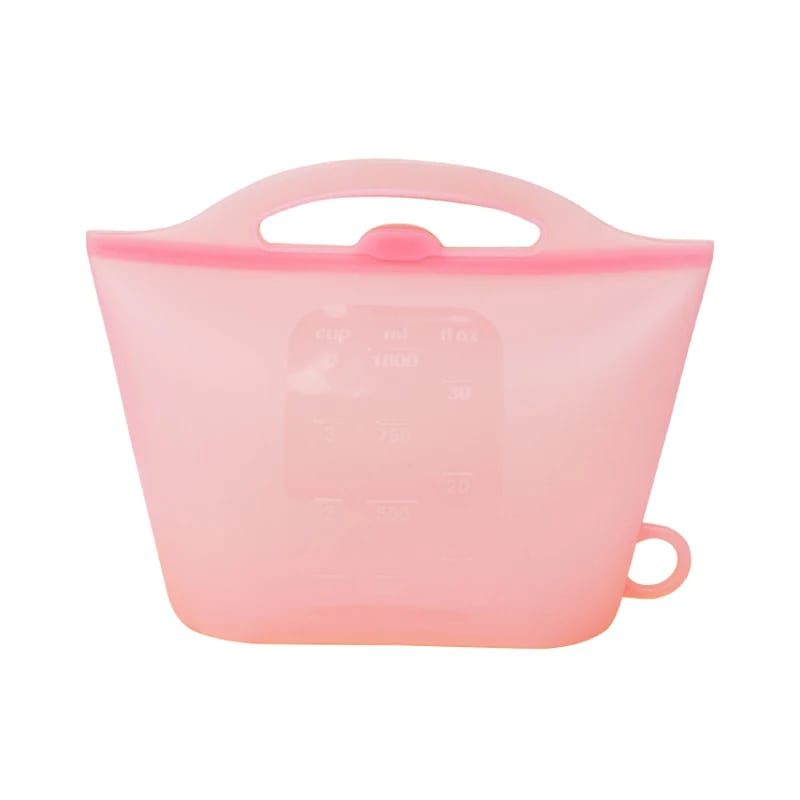 Reusable Silicone Food Storage Bag with Convenient Carry Handle, Leakproof Seal, 1000ml Capacity — Ideal for Storing Snacks, Grains, Fruits, Veggies, and More in Fridge, Freezer, or On-the-Go (Pink)