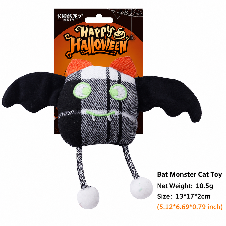 Delight your feline friend this spooky season with our Halloween-themed catnip toys, featuring plush skeletons, mummies, and pumpkins that awaken your cat’s playful instincts for hours of self-amusing fun. (Bat Monster)
