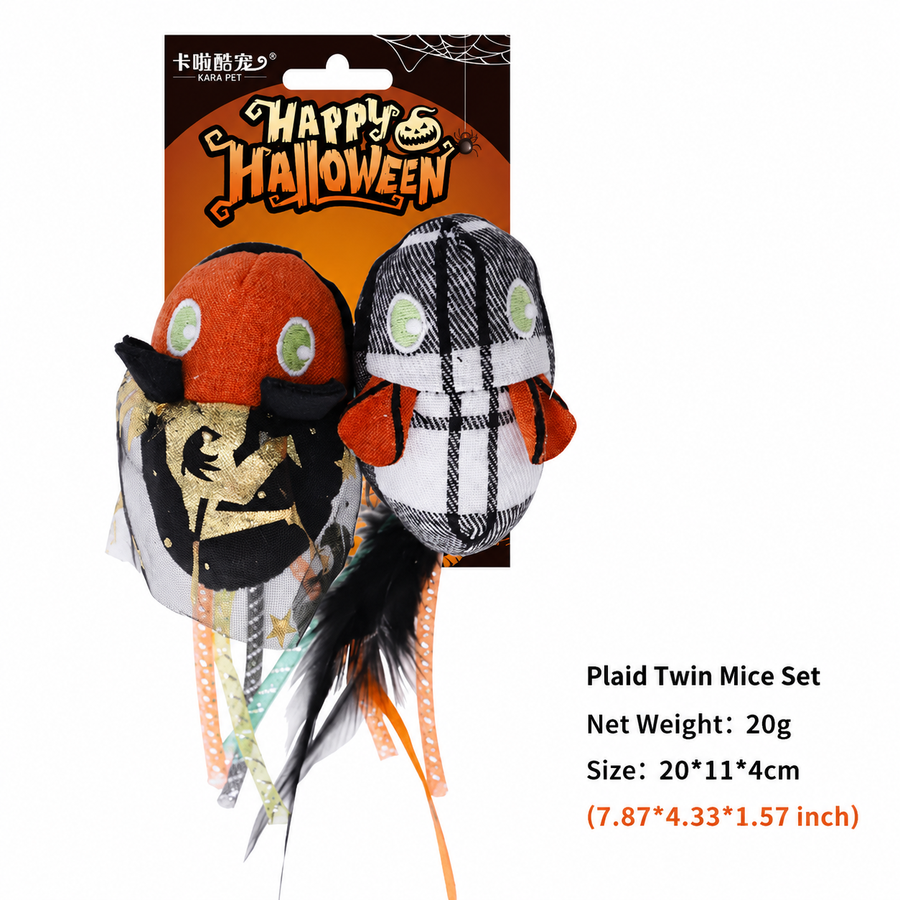 Delight your feline friend this spooky season with our Halloween-themed catnip toys, featuring plush skeletons, mummies, and pumpkins that awaken your cat’s playful instincts for hours of self-amusing fun. (Plaid Twin Mice Set)