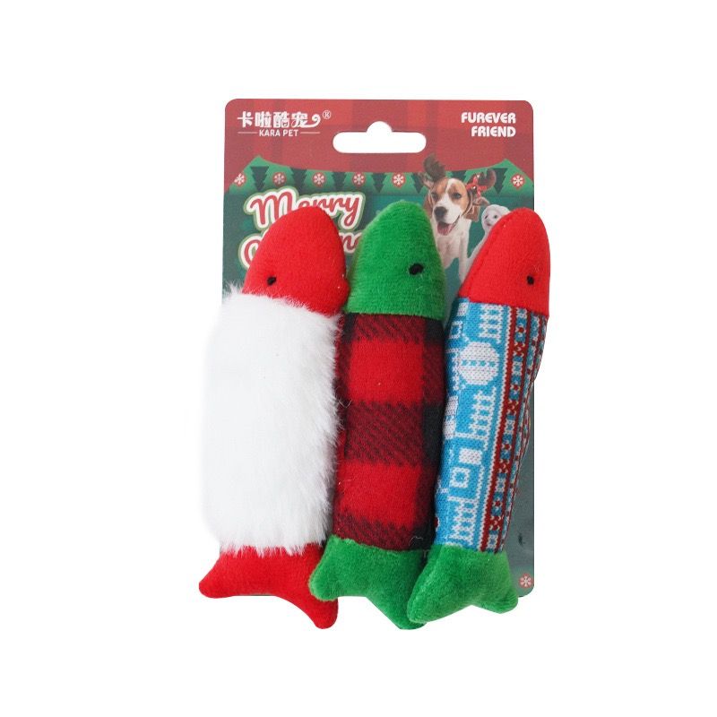 Christmas Plush Catnip Toys with Interactive Teaser Wands – Santa, Snowman, Gingerbread, Bell, and Tree Designs for Kittens and Indoor Cats’ Holiday Fun, Exercise, and Dental Care (Christmas Fish)