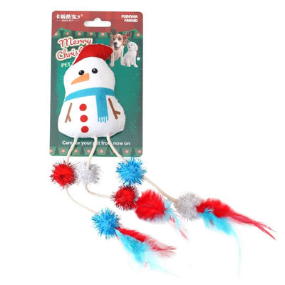 Christmas Plush Catnip Toys with Interactive Teaser Wands – Santa, Snowman, Gingerbread, Bell, and Tree Designs for Kittens and Indoor Cats’ Holiday Fun, Exercise, and Dental Care (Feather Snowman)