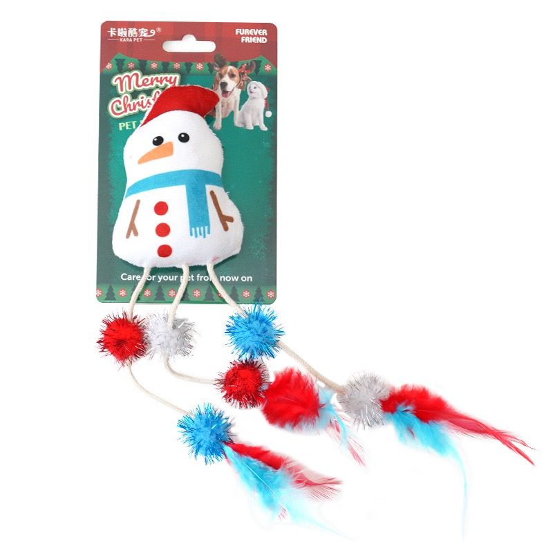 Christmas Plush Catnip Toys with Interactive Teaser Wands – Santa, Snowman, Gingerbread, Bell, and Tree Designs for Kittens and Indoor Cats’ Holiday Fun, Exercise, and Dental Care (Feather Snowman)