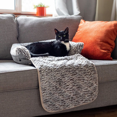 Convertible 2-in-1 Pet Sofa Bed & Mat, Self-Warming Plush Fabric, Foldable Puppy & Cat Cuddler with Bolster Pillows, Soft Cozy Blanket-Style Mat for Small to Medium Pets (Grey)