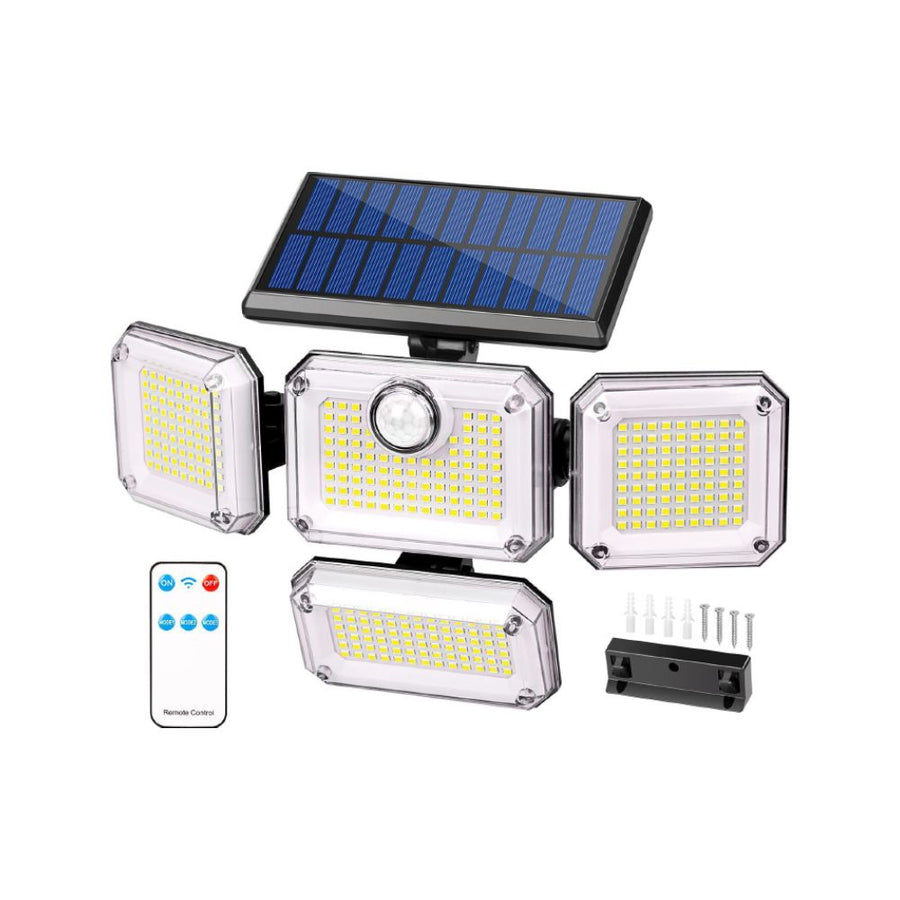 Brighten your outdoors with this four-head solar motion sensor wall light, featuring 333 super-bright LEDs, adjustable panels, and a separate solar panel for flexible installation. Perfect for front doors, garages, patios, and pathways, it delivers powerf