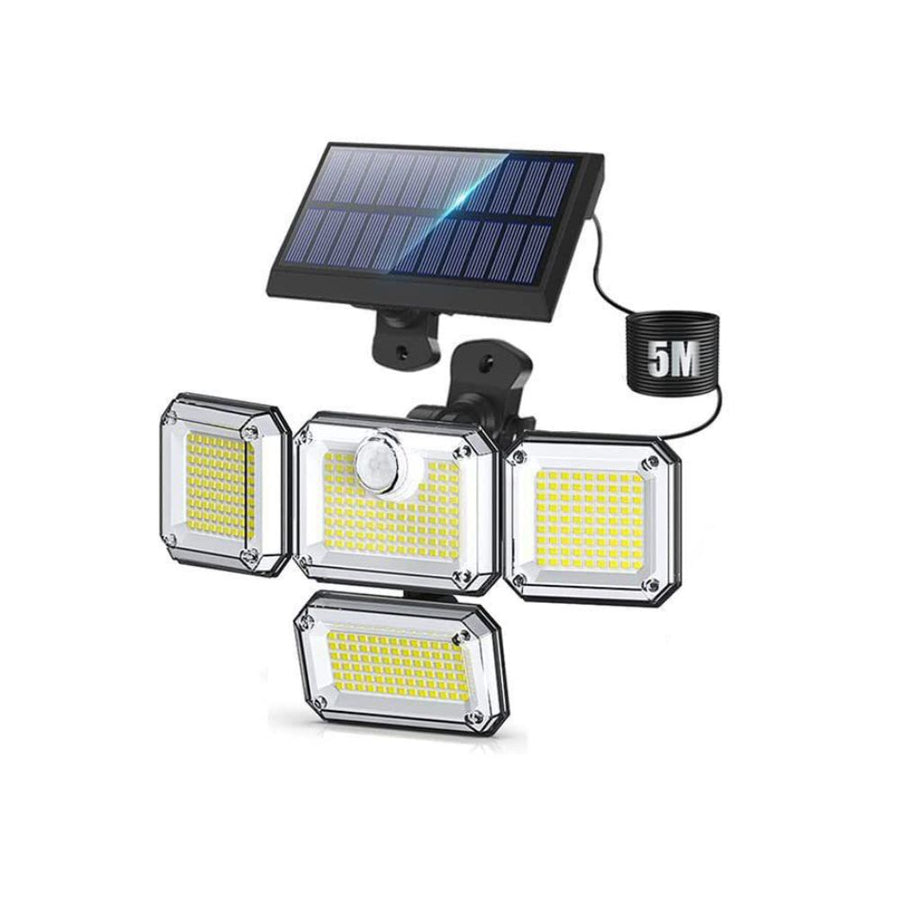 Brighten your outdoors with this four-head solar motion sensor wall light, featuring 333 super-bright LEDs, adjustable panels, and a separate solar panel for flexible installation. Perfect for front doors, garages, patios, and pathways, it delivers powerf