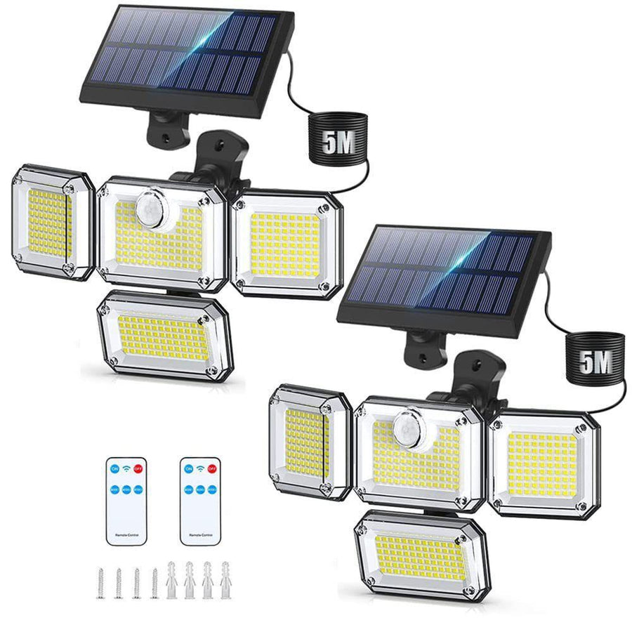 Brighten your outdoors with this four-head solar motion sensor wall light, featuring 333 super-bright LEDs, adjustable panels, and a separate solar panel for flexible installation. Perfect for front doors, garages, patios, and pathways, it delivers powerf