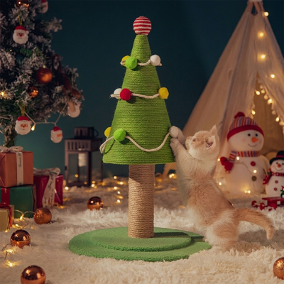 Christmas Tree Cat Scratching Post with Natural Sisal Rope, Durable Large Cat Scratcher with Plush Faux-Grass Base, Pom-Pom Decor, Festive Indoor Play Center for Kittens and Adult Cats to Sharpen Claws, Stretch, and Protect Furniture (24.4*13.8in)