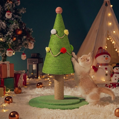 Christmas Tree Cat Scratching Post with Natural Sisal Rope, Durable Large Cat Scratcher with Plush Faux-Grass Base, Pom-Pom Decor, Festive Indoor Play Center for Kittens and Adult Cats to Sharpen Claws, Stretch, and Protect Furniture (20.5*11.8in)
