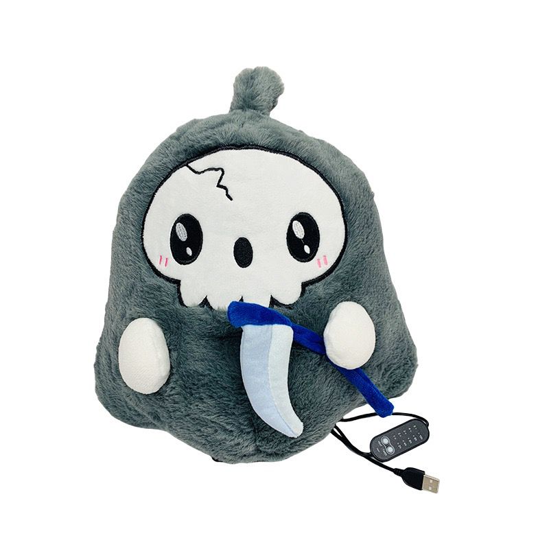 USB-Powered Plush Heating Pad with Cute Grim Reaper Design – Portable Warmth for Home, Office, Car, and Halloween-Themed Gifting (Grey)