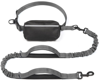 Hands-Free Dog Leash Set with Waist Belt and Storage Pouch, Shock-Absorbing Bungee Leash for Jogging, Walking, and Outdoor Adventures, Reflective Safety Design for Night Use (Grey)
