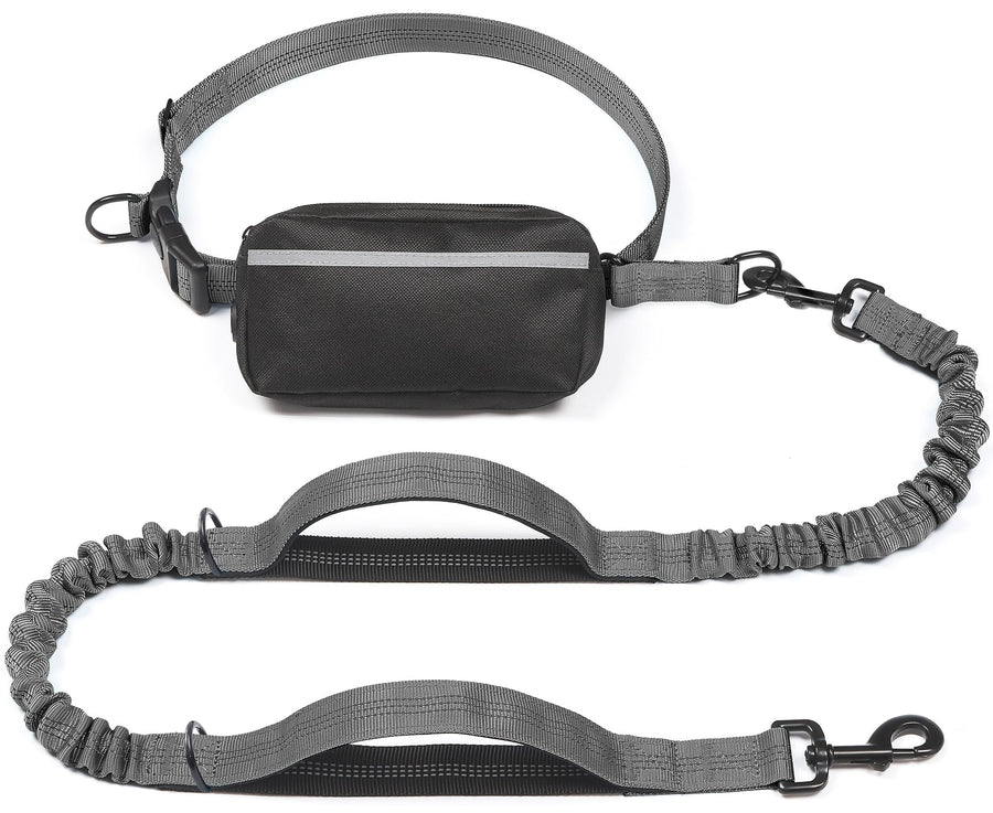 Hands-Free Dog Leash Set with Waist Belt and Storage Pouch, Shock-Absorbing Bungee Leash for Jogging, Walking, and Outdoor Adventures, Reflective Safety Design for Night Use (Grey)