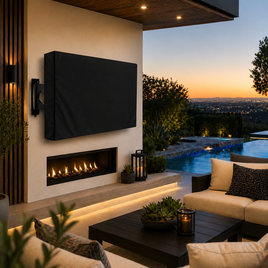 Weatherproof Outdoor TV Cover for Wall-Mounted Flat Screens – Waterproof, Dustproof, and UV-Resistant Protection for Patio, Balcony, and Garden Entertainment Areas (55"-58"(137×89×13cm), Black)