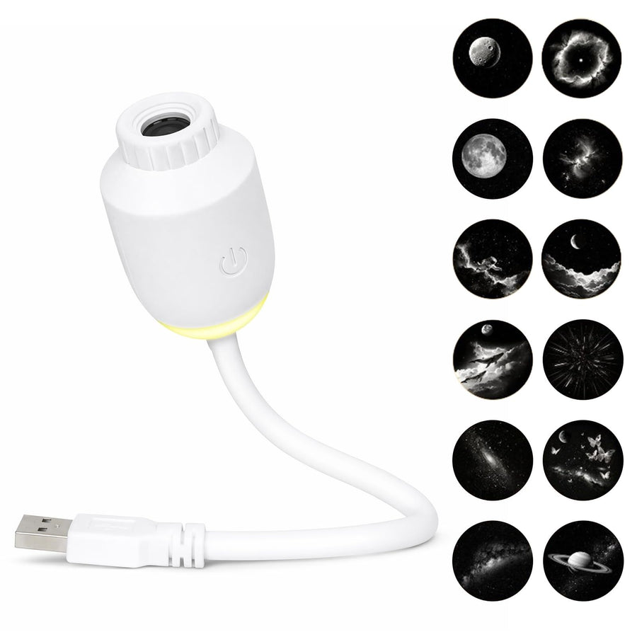 USB-Powered Star Projector Lamp with 12 Interchangeable Slides, Adjustable Focus and 160° Projection for Bedroom Decoration, Car Atmosphere, and Romantic Surprise Scenes (White)